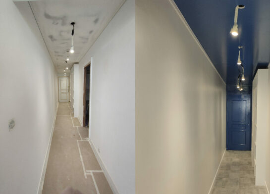 Pasillo de una vivienda antes y despues de pintado